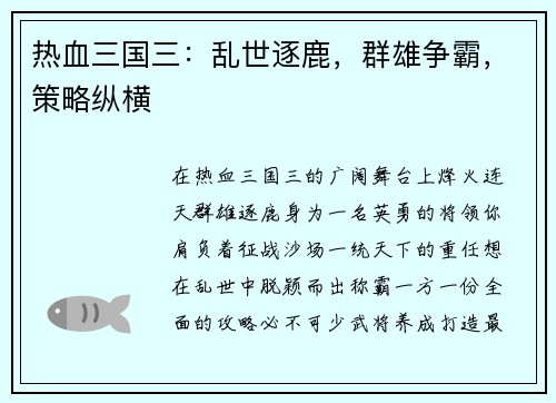 热血三国三：乱世逐鹿，群雄争霸，策略纵横